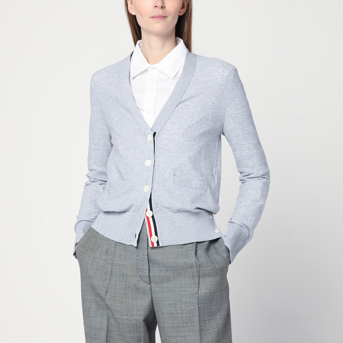 Thom Browne Light grey cardigan in cotton and silk